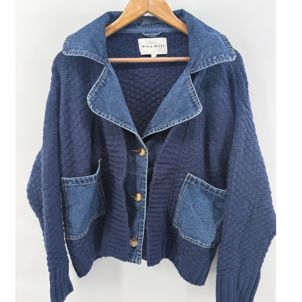 Miou Muse Navy Blue Chunky Knit Cardigan Denim Trim Mixed Media Sweater J5681 S